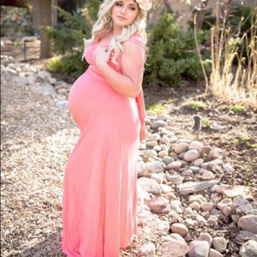 Maternity shoot coral infinity wrap dress